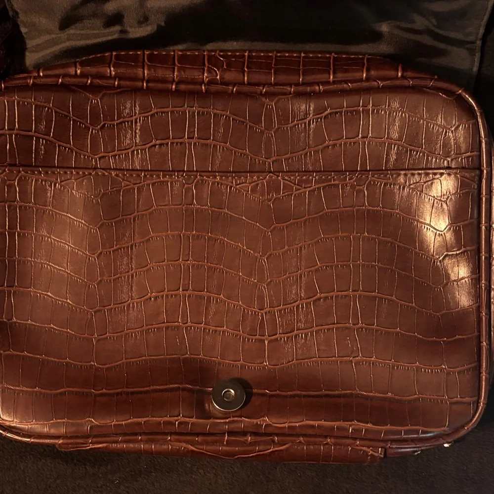 Unisex Brown Faux Croc-Embossed Leather Messenger Bag